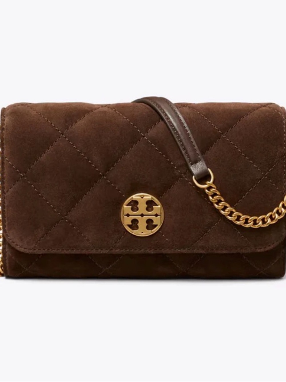 Tory Burch Chocolate Quilted Suede Crossbody with Gold Chain